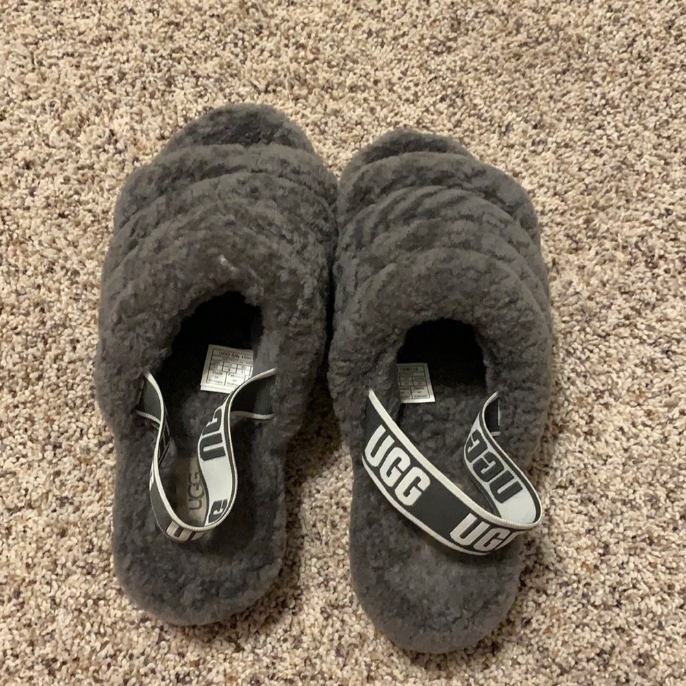 Grey UGG fluffy slippers